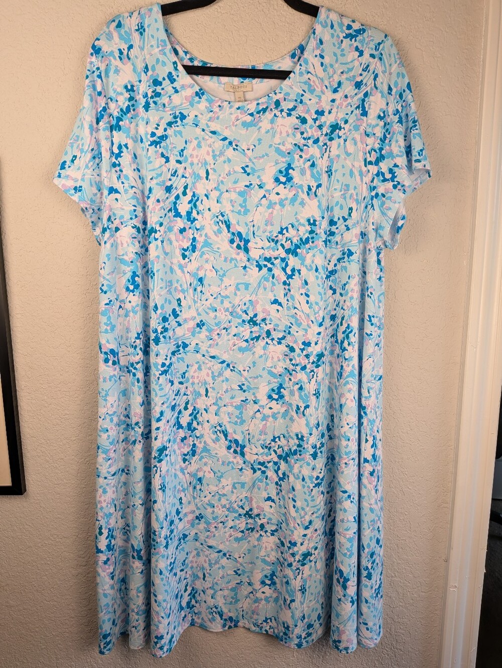 NWT Talbots Jersey Dress XL Short Sleeve A-Line Soft Floral Print Blue Pink